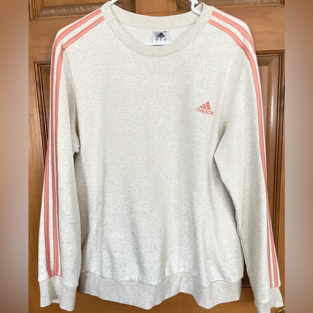 Women’s Adidas Essential 3-Stripe Fleece Sweatshirt Cream with Coral Stripes XL
